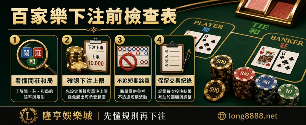 百家樂下注前檢查表，整理閒莊和局、下注上限、路單解讀與交易紀錄