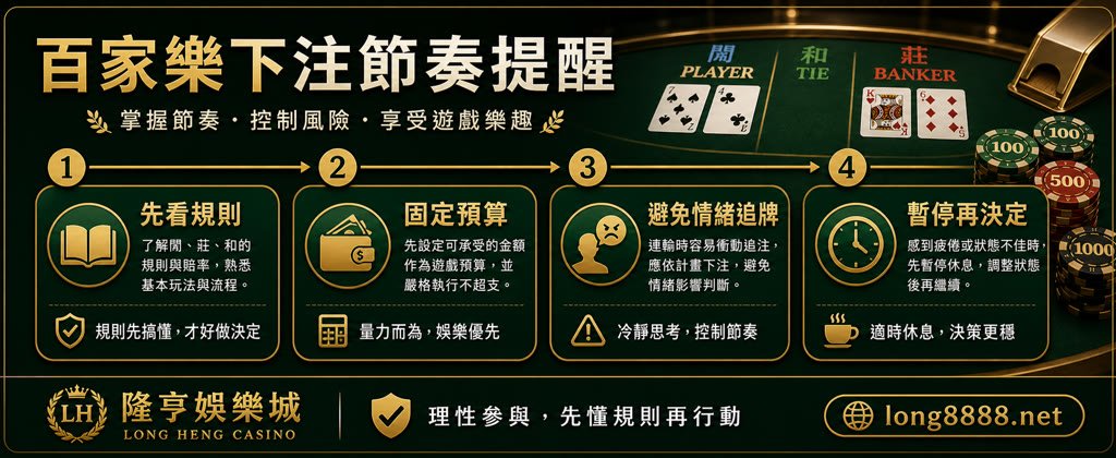 百家樂下注節奏提醒圖，整理規則、固定預算、情緒追牌與暫停決策